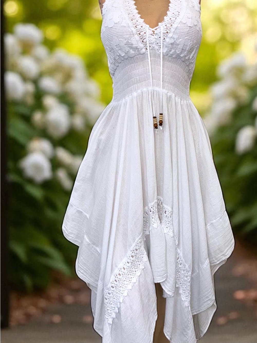 Boho Lace-Trim White Asymmetrical Summer Dress: 100 percent organic cotton.